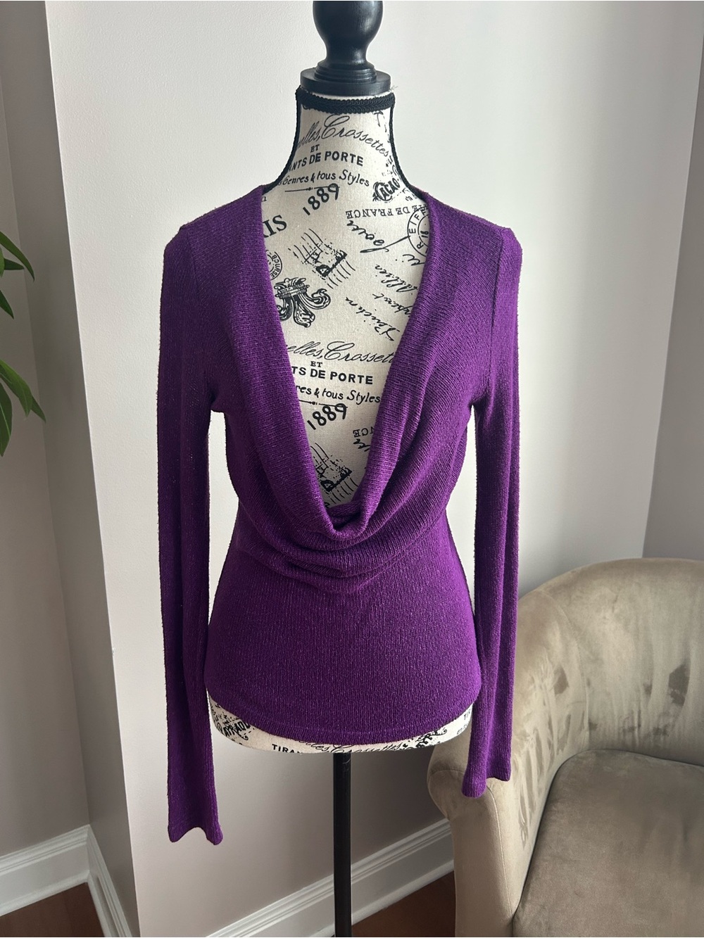 DKNY Jeans Y2K Purple Cowl Neck Lightweight Knit Top Size S